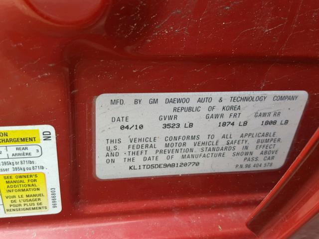 KL1TD5DE9AB120770 - 2010 CHEVROLET AVEO LS RED photo 10