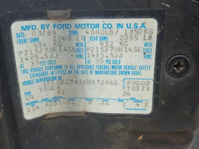 1FTCR10A1KUB72860 - 1989 FORD RANGER GRAY photo 10