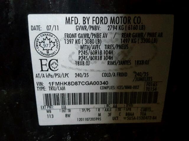 1FMHK8D87CGA00340 - 2012 FORD EXPLORER X BLACK photo 10