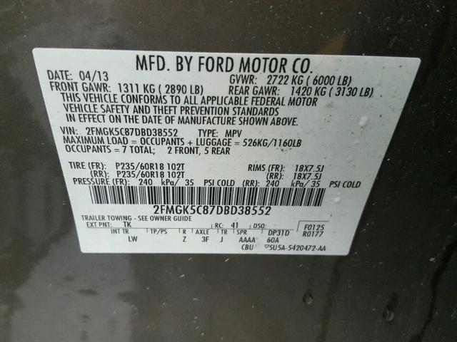 2FMGK5C87DBD38552 - 2013 FORD FLEX SEL GRAY photo 10