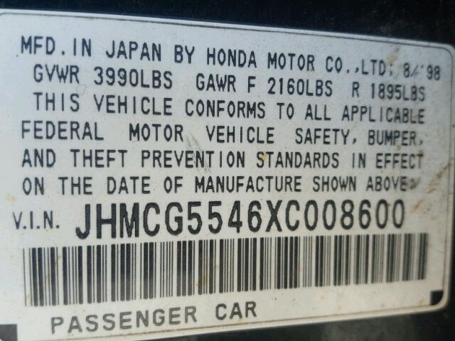 JHMCG5546XC008600 - 1999 HONDA ACCORD LX GREEN photo 10