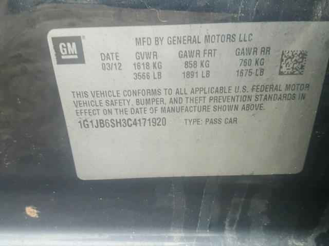 1G1JB6SH3C4171920 - 2012 CHEVROLET SONIC LS 黑色 照片 10