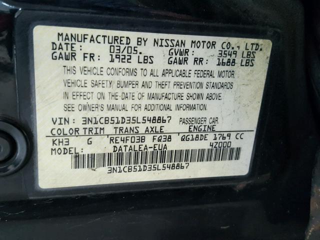 3N1CB51D35L548867 - 2005 NISSAN SENTRA 1.8 BLACK photo 10