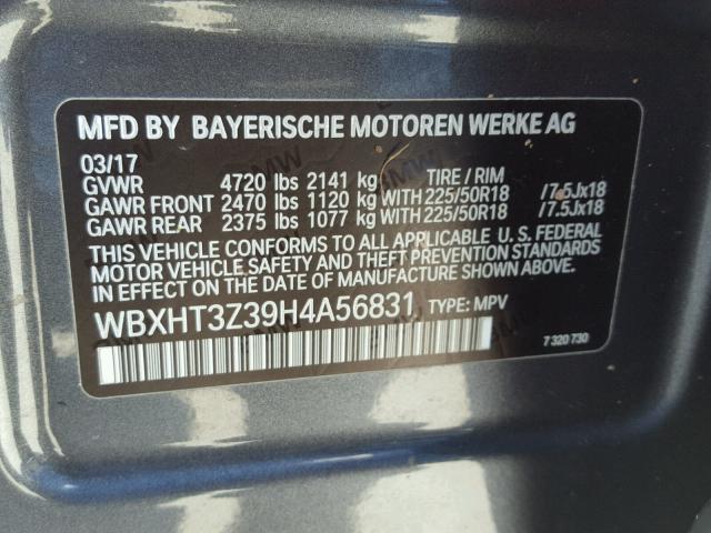 WBXHT3Z39H4A56831 - 2017 BMW X1 XDRIVE2 GRAY photo 10