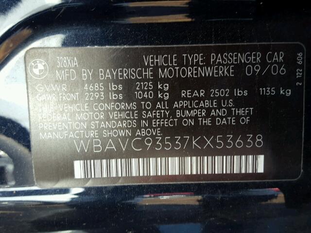 WBAVC93537KX53638 - 2007 BMW 328 XI BLUE photo 10