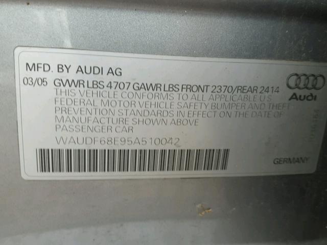 WAUDF68E95A510042 - 2005 AUDI A4 2.0T QU GRAY photo 10