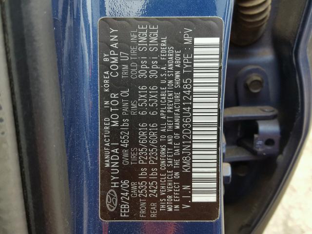 KM8JN12D36U412485 - 2006 HYUNDAI TUCSON GLS BLUE photo 10