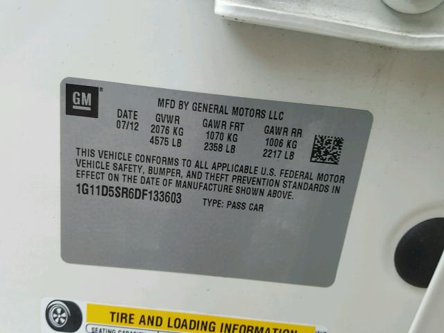 1G11D5SR6DF133603 - 2013 CHEVROLET MALIBU 1LT 白色 照片 10