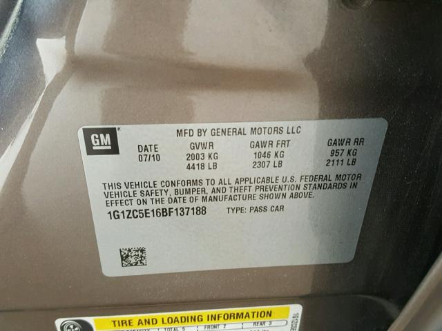 1G1ZC5E16BF137188 - 2011 CHEVROLET MALIBU 1LT 棕色 照片 10