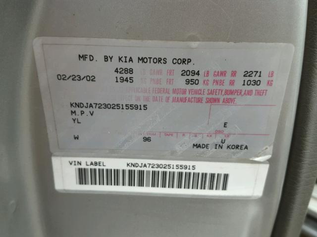 KNDJA723025155915 - 2002 KIA SPORTAGE SILVER photo 10