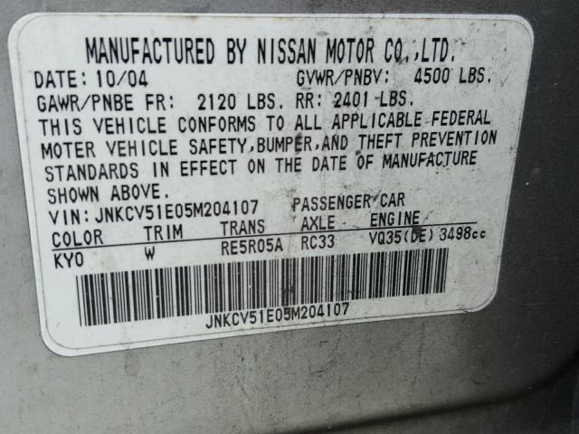 JNKCV51E05M204107 - 2005 INFINITI G35 SILVER photo 10