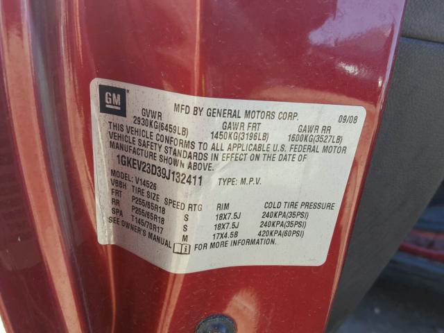 1GKEV23D39J132411 - 2009 GMC ACADIA SLT წითელი ფოტო 10