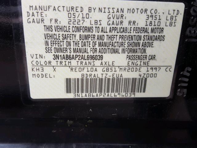 3N1AB6AP2AL696039 - 2010 NISSAN SENTRA 2.0 BLACK photo 10