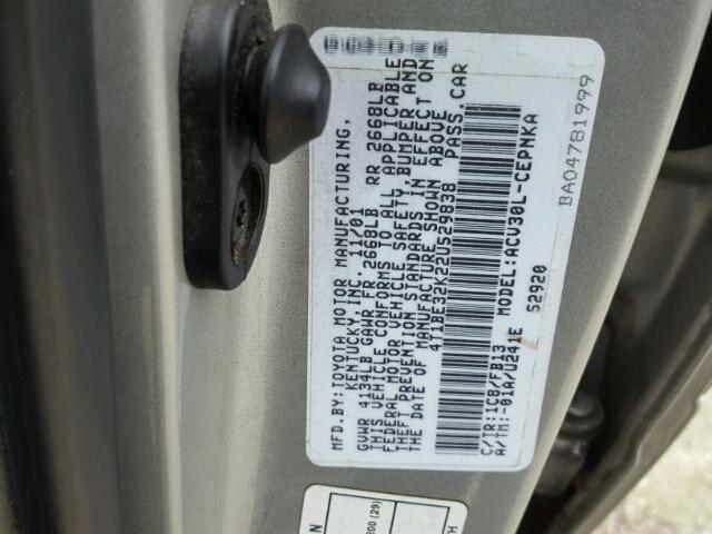 4T1BE32K22U529838 - 2002 TOYOTA CAMRY LE SILVER photo 10