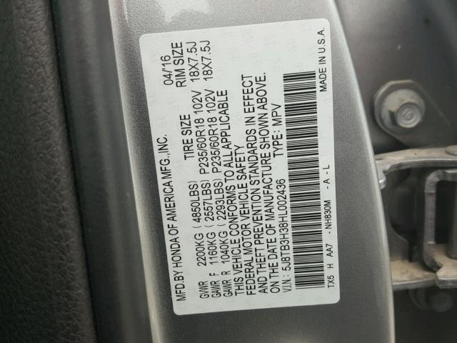 5J8TB3H38HL002436 - 2017 ACURA RDX BASE SILVER photo 10