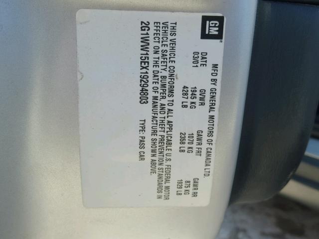 2G1WW15EX19294803 - 2001 CHEVROLET MONTE CARL 银色 照片 10