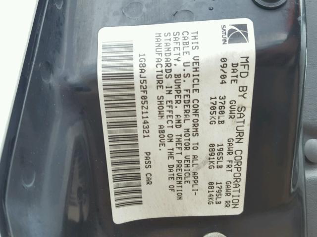 1G8AJ52F05Z114321 - 2005 SATURN ION LEVEL WHITE photo 10