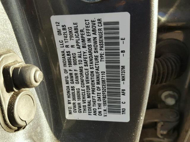 19XFB2F52CE087110 - 2012 HONDA CIVIC LX GRAY photo 10