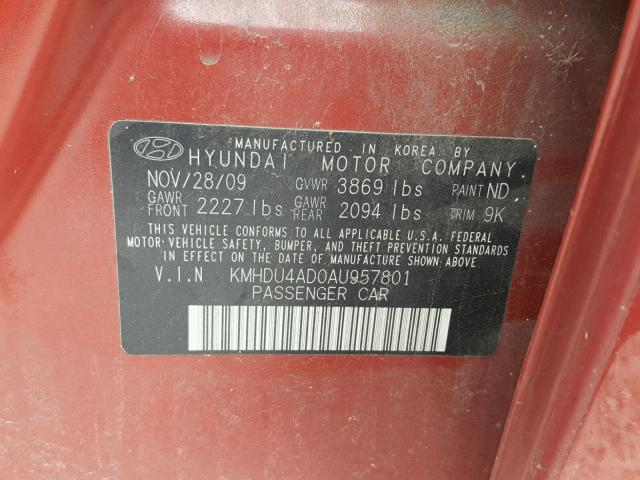 KMHDU4AD0AU957801 - 2010 HYUNDAI ELANTRA BL RED photo 10