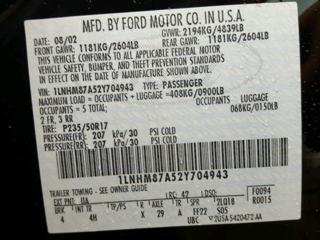 1LNHM87A52Y704943 - 2002 LINCOLN LS BLACK photo 10