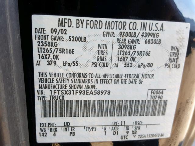 1FTSX31F93EA58978 - 2003 FORD F350 SRW S BLACK photo 10