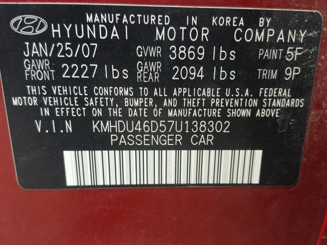 KMHDU46D57U138302 - 2007 HYUNDAI ELANTRA GL RED photo 10