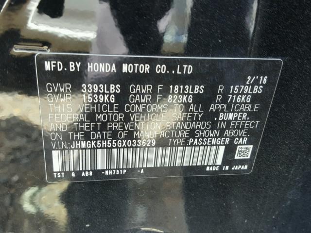 JHMGK5H55GX033629 - 2016 HONDA FIT LX Черный фото 10