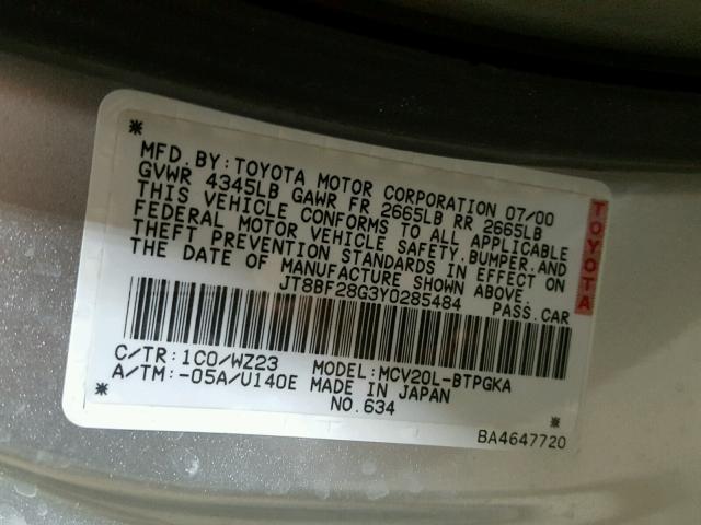 JT8BF28G3Y0285484 - 2000 LEXUS ES 300 SILVER photo 10