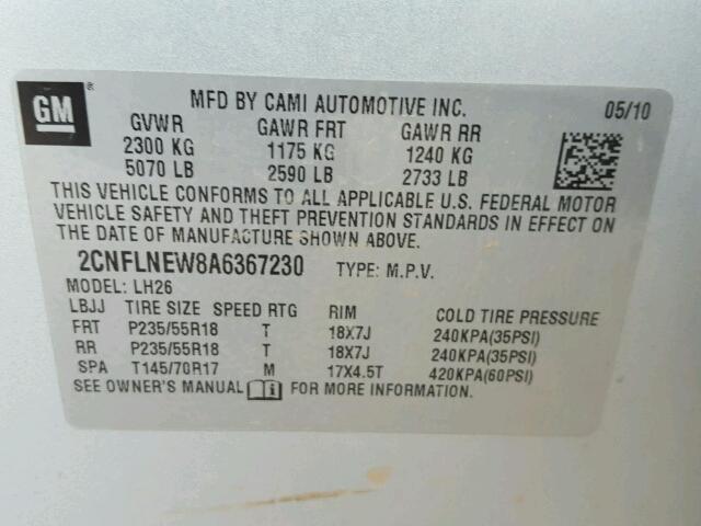 2CNFLNEW8A6367230 - 2010 CHEVROLET EQUINOX LT SILVER photo 10