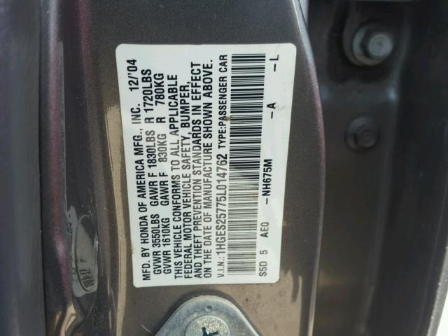 1HGES25775L014762 - 2005 HONDA CIVIC EX Grafit foto 10