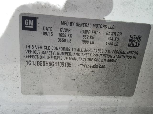 1G1JB5SH6G4109105 - 2016 CHEVROLET SONIC LS 白色 照片 10