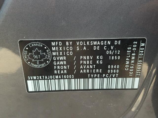 3VW2K7AJ0CM416003 - 2012 VOLKSWAGEN JETTA BASE GRAY photo 10