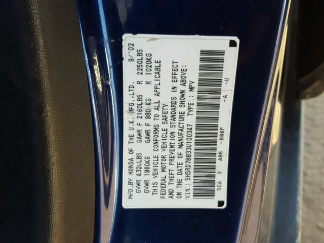 SHSRD78833U100347 - 2003 HONDA CR-V EX BLUE photo 10