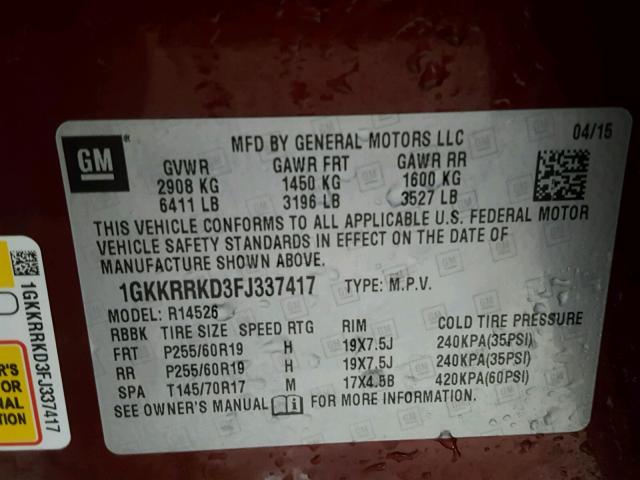 1GKKRRKD3FJ337417 - 2015 GMC ACADIA SLT მუქწითელი ფოტო 10