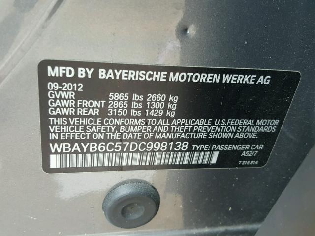 WBAYB6C57DC998138 - 2013 BMW 750I XDRIV GRAY photo 10