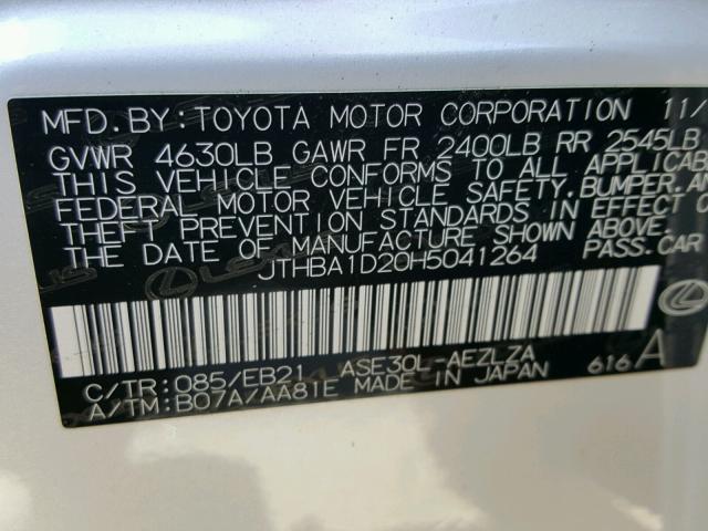 JTHBA1D20H5041264 - 2017 LEXUS IS 200T WHITE photo 10