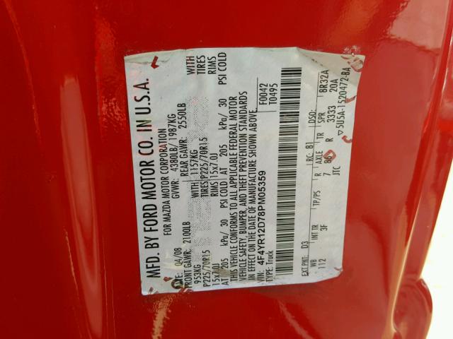 4F4YR12D78PM05359 - 2008 MAZDA B2300 RED photo 10