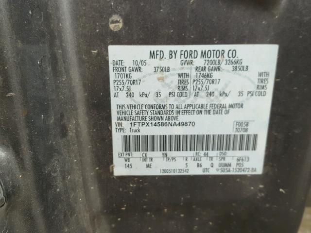 1FTPX14586NA49870 - 2006 FORD F150 GRAY photo 10