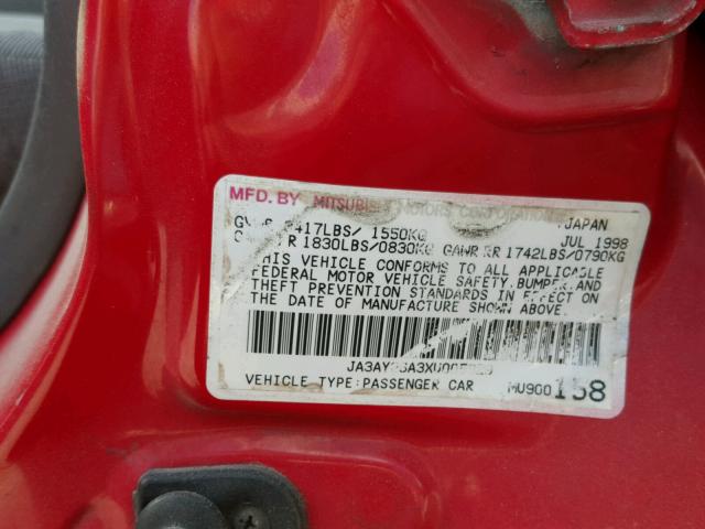 JA3AY26A3XU005929 - 1999 MITSUBISHI MIRAGE DE RED photo 10