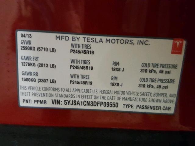 5YJSA1CN3DFP09550 - 2013 TESLA MODEL S RED photo 10