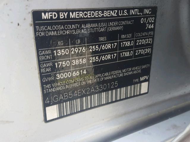 4JGAB54EX2A330125 - 2002 MERCEDES-BENZ ML 320 SILVER photo 10