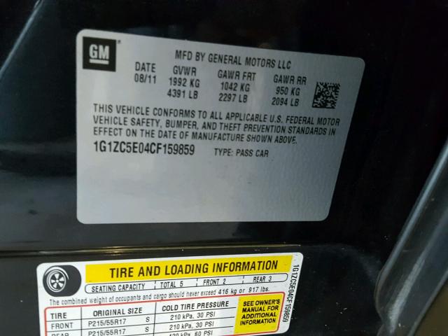 1G1ZC5E04CF159859 - 2012 CHEVROLET MALIBU 1LT BLACK photo 10