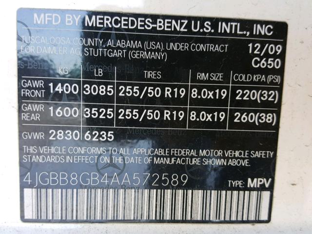 4JGBB8GB4AA572589 - 2010 MERCEDES-BENZ ML 350 4MA WHITE photo 10