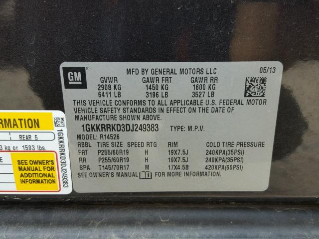1GKKRRKD3DJ249383 - 2013 GMC ACADIA SLT გრაფიტი ფოტო 10