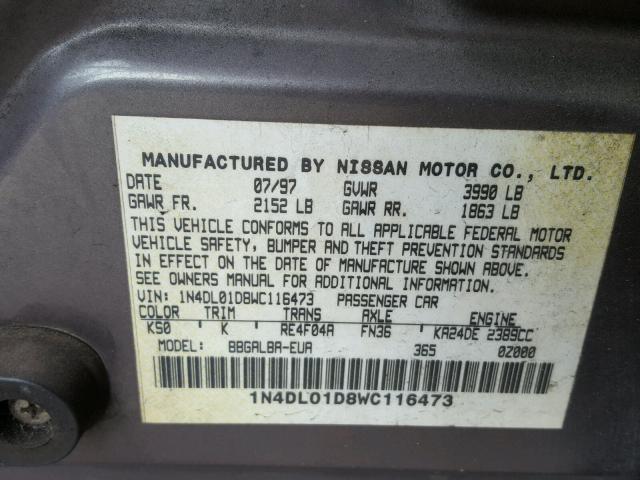 1N4DL01D8WC116473 - 1998 NISSAN ALTIMA XE BROWN photo 10