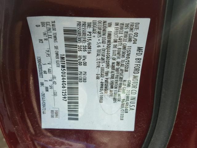 1MEFM50U44G612597 - 2004 MERCURY SABLE GS MAROON photo 10