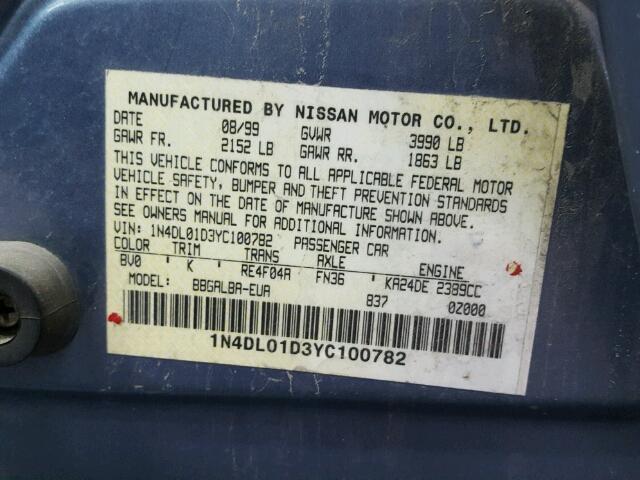 1N4DL01D3YC100782 - 2000 NISSAN ALTIMA XE BLUE photo 10