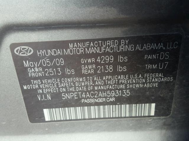 5NPET4AC2AH593135 - 2010 HYUNDAI SONATA GLS GRAY photo 10