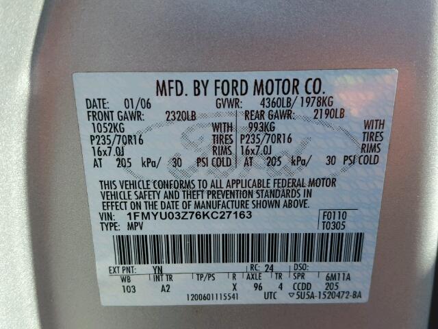 1FMYU03Z76KC27163 - 2006 FORD ESCAPE XLT SILVER photo 10