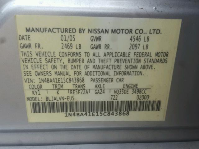 1N4BA41E15C843868 - 2005 NISSAN MAXIMA SE SILVER photo 10